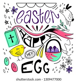 Vector illustration of Happy Easter. Set of elements and lettering. Egg basket, chicken, flowers, Easter Bunny, Bible. eps 10