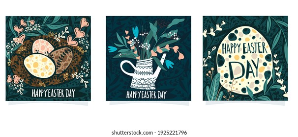 Vector illustration. Happy Easter square card. Stylized graphics. Decorative bird nest with eggs and vegetation. Stylized watering can with flowers.Decorative Easter egg among the vegetation.

