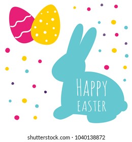 Vector illustration of Happy Easter text with bunny and eggs. Flat design greeting card. Vector poster of Easter set with eggs isolated on white background.