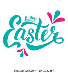 Vector illustration with Happy Easter text. Flat design banner. Vector poster of Happy Easter lettering, pink and blue colors. EPS 10
