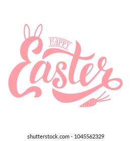 Vector illustration of Happy Easter text with carrot and bunny ears. Flat design spring banner of modern calligraphy style. Vector Easter poster background template pink and white colors. EPS 10