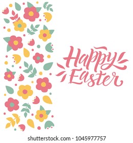 Vector illustration of Happy Easter text with flowers. Flat design spring banner. Vector Easter poster background template with beautiful  flowers. EPS 10