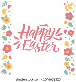 Vector illustration of Happy Easter text with flowers. Flat design spring banner. Vector Easter poster background template with beautiful  flowers. EPS 10