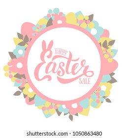 Vector illustration of Happy Easter text with flowers and eggs. Clearance design, sale, discount, marketing price tag. Flat design spring banner of modern calligraphy style. EPS 10