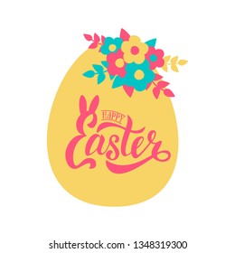 Vector illustration of Happy Easter text on egg. Flat design spring banner of modern calligraphy style. Vector Easter poster background template