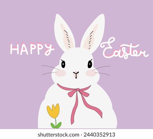 Ilustración vectorial de Feliz Pascua, conejo blanco de Pascua, flores de primavera sobre un fondo violeta, flores de diente de león 