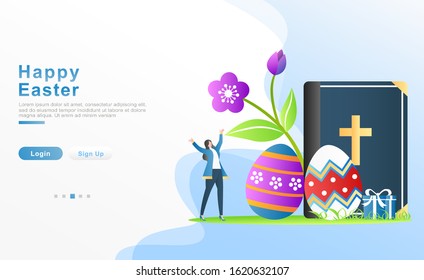 Vector illustration happy easter. women are happy to welcome Easter, the concept of 2 painted eggs, the gospel, gifts and flowers that bloom and blossom. for header, web, apps, UI. Flat cartoon style