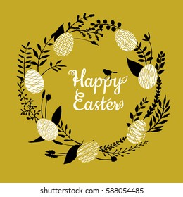 a vector illustration; a happy easter wreath; hand painted eggs, twigs, branches and other herbs; with lettering in a hand drawn style with a sitting bird