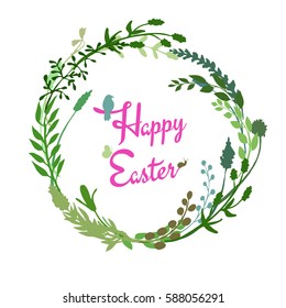 a vector illustration; a happy easter wreath; hand painted twigs, branches and other herbs; with lettering in a hand drawn style with a sitting bird; butterfly and a snail