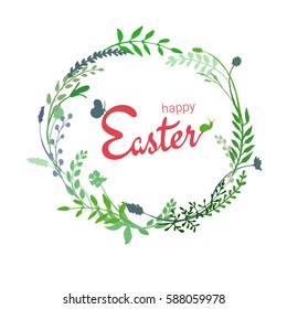 a vector illustration; a happy easter wreath; hand painted twigs, branches and other herbs; with lettering in a hand drawn style with a sitting butterfly and a snail