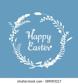 a vector illustration; a happy easter wreath; hand painted twigs, branches and other herbs; with lettering in a hand drawn style with a sitting bug