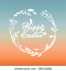 a vector illustration; a happy easter wreath; hand painted twigs, branches and other herbs; with lettering in a hand drawn style with a sitting butterfly and a bird
