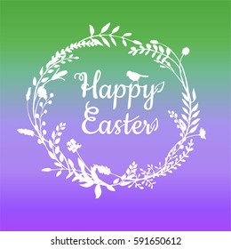 a vector illustration; a happy easter wreath; hand painted twigs, branches and other herbs; with lettering in a hand drawn style with a sitting bird