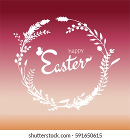 a vector illustration; a happy easter wreath; hand painted twigs, branches and other herbs; with lettering in a hand drawn style with a sitting butterfly and a snail