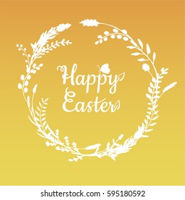a vector illustration; a happy easter wreath; hand painted twigs, branches and other herbs; with lettering in a hand drawn style with a sitting butterfly