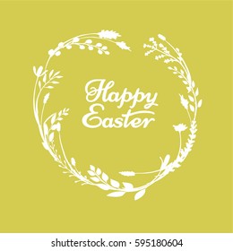a vector illustration; a happy easter wreath; hand painted twigs, branches and other herbs; with lettering in a hand drawn style with a sitting butterfly