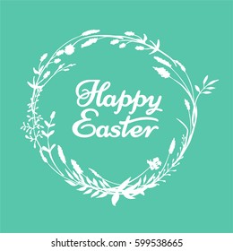 a vector illustration; a happy easter wreath; hand painted twigs, branches and other herbs; with lettering in a hand drawn style 