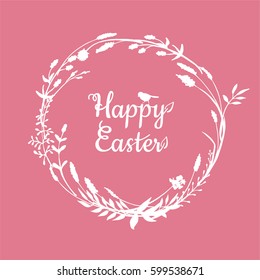 a vector illustration; a happy easter wreath; hand painted twigs, branches and other herbs; with lettering in a hand drawn style with a sitting bird