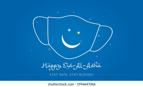 Vector Illustration Of Happy Eid Al Adha. Bakra Eid Islamic Holiday Celebration Concept With Moon, Corona Covid 19 Vaccine, Vaccination And Safety Mask