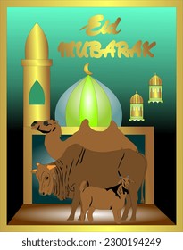 Ilustración vectorial de Eid Al Adha Mubarak o Mes de Sacrificio Animal o Fondo Urbano con Ilustración de Cabra, Vaca y Camel. Sacrificio para animales sacrificados en el mes del Hajj