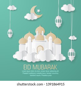 Vector illustration of Happy Eid Mubarak greeting banner, card design with mosque, lantern, moon, cloud, and star paper art and digital craft style