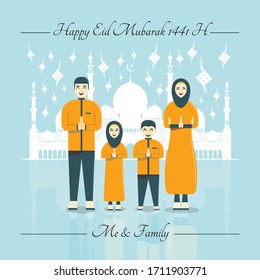Vektorillustration Illustration einer glücklichen Eid Mubarak Karte. Eine Moslemfamilie grüßt ein fröhliches eides Mubarak, mit einem Moschee/Masjid und vielen Ketupat als Hintergrund.