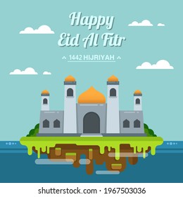 Vector Illustration of Happy Eid Mubarak with clear skies and a floating island mosque