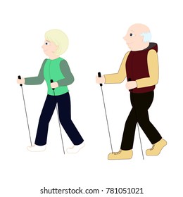 Vector illustration with happy elderly couple - they are engaged in Nordic walking. Active lifestyle of old people. Colorful poster in cartoon style. Isolated image on white background. Health care.