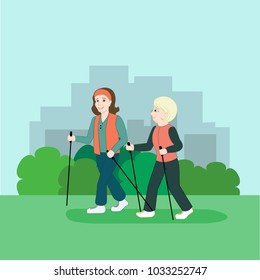 Vector illustration with happy elderly girlfriends - they are engaged in Nordic walking. Active lifestyle of old people. Colorful poster in cartoon style. Image with green park background. Health care