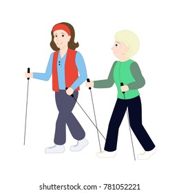Vector illustration with happy elderly girlfriends - they are engaged in Nordic walking. Active lifestyle of old people. Colorful poster in cartoon style. Isolated on white background. Health care.