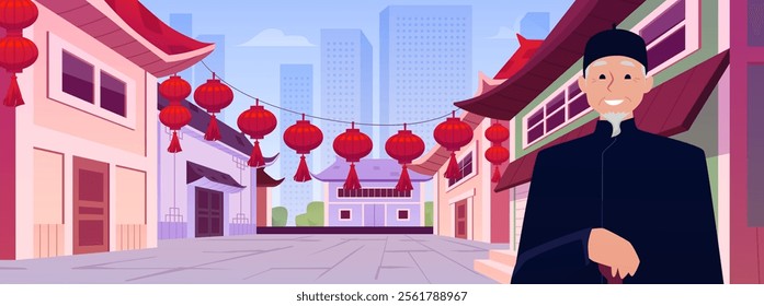 Vector illustration of happy elderly man on city chinese street background. Character close-up on architectural street with old traditional houses decorated with lanterns. Flat cartoon style.