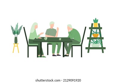 Vector Illustration Of Happy Elderly Playing Bingo Together. Old Man And Woman Playing Bingo. Seniors Spend Time Together Playing Retro Board Game. Retirement Lidestyle Concept. Isolated Flat Design