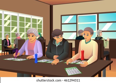 A Vector Illustration Of Happy Elderly Playing Bingo Together