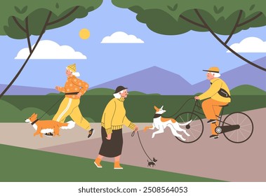 Ilustración vectorial de una mujer anciana feliz y hombre con perros con correa mientras caminan, corren y andan en bicicleta en un parque entre montañas y árboles con hojas de otoño