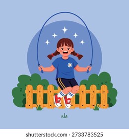 Vector illustration of a happy elementary school girl enthusiastically skipping rope in a backyard setting. Perfect graphic for children's fitness campaigns, educational materials, and promoting healthy playtime habits.