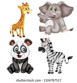 Vector Illustration of a Happy Elephant, Giraffe, Panda and Zebra. Cute Cartoon Wild Animals Isolated on a White Background. Happy Animals Set