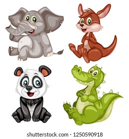 Vector Illustration of Happy Elephant, Kangaroo, Panda and Alligator. Cute Cartoon Animals Sitting Isolated on a White Background. Happy Animals Set