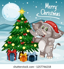 Vector Illustration of a Happy Elephant Next to Christmas Tree. Elephant  Wearing a Christmas Hat. Cute Cartoon Elephant  Cheering On Winter Background. Happy Animals Set