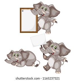 Vector Illustration of a Happy Elephant Set. Cute Cartoon Elephants in Different Poses Isolated on a White Background. Happy Animals Set. Elephant Lying,  Holding a Banner, Cheering