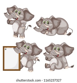 Vector Illustration of a Happy Elephant Set. Cute Cartoon Elephants in Different Poses Isolated on a White Background. Happy Animals Set. Elephant Lying, Sitting, Holding a Banner, Cheering