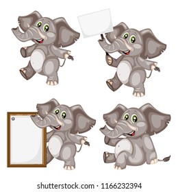 Vector Illustration of a Happy Elephant Set. Cute Cartoon Elephants in Different Poses Isolated on a White Background. Happy Animals Set. Elephant Sitting, Holding a Banner, Cheering