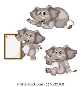 Vector Illustration of a Happy Elephant Set. Cute Cartoon Elephants in Different Poses Isolated on a White Background. Happy Animals Set. Elephant Lying, Sitting, Holding a Banner, Cheering