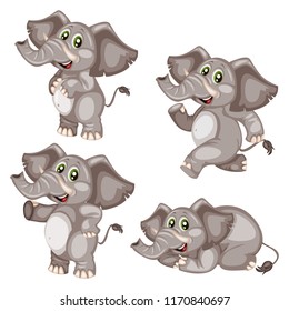 Vector Illustration of a Happy Elephant Set. Cute Cartoon Elephants in Different Poses Isolated on a White Background. Happy Animals Set. Elephant Running, Lying,  Cheering