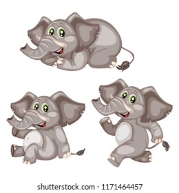 Vector Illustration of a Happy Elephant Set. Cute Cartoon Elephants in Different Poses Isolated on a White Background. Happy Animals Set. Elephant Running, Lying, Sitting