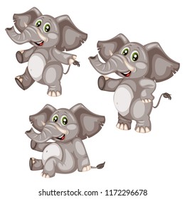 Vector Illustration of a Happy Elephant Set. Cute Cartoon Elephants in Different Poses Isolated on a White Background. Happy Animals Set. Elephant Sitting, Dancing, Cheering