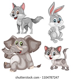 Vector Illustration of a Happy Elephant, Wolf, Rabbit, Cat. Cute Cartoon Animals in Grey Color Isolated on a White Background. Happy Animals Set