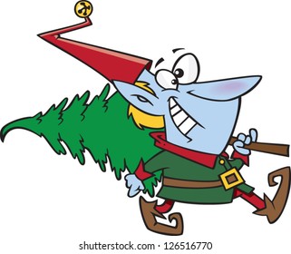 Vector illustration of happy elf carrying pine tree on his shoulder