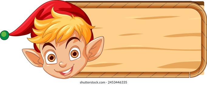 Vector illustration of a happy elf holding a sign.