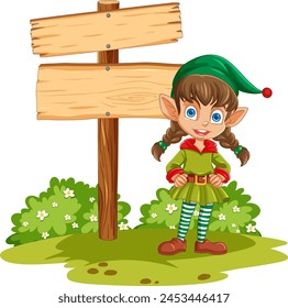 Vector illustration of a happy elf near sign