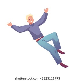 Ilustración vectorial de un hombre energético feliz volando, flotando en el aire. Huida libre de un empleado despreocupado en fantasías, sueños, imaginación. Inspiración, concepto de felicidad aislado en fondo blanco
